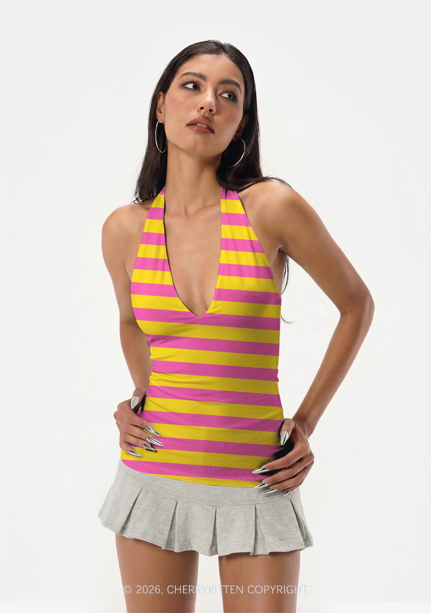 Pink And Yellow Stripes Y2K Print Halter Deep V Neck Cami Cherrykitten