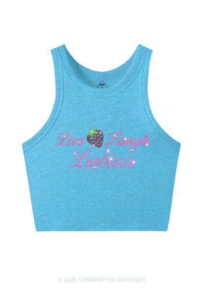 Rhinestone Live Laugh Lesbian Strawberry Pride Y2K Crop Tank Top Cherrykitten