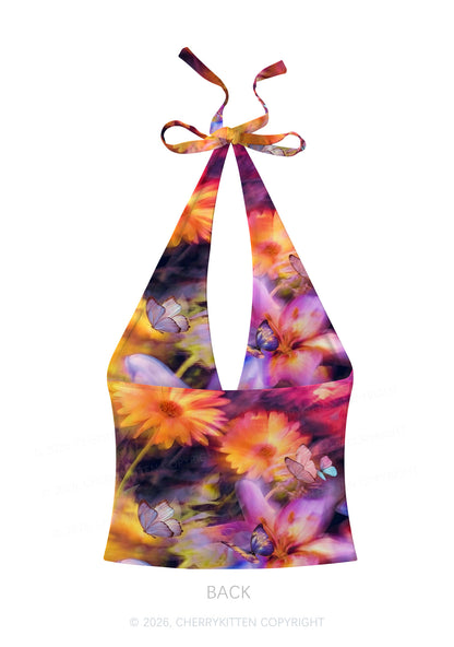 Purple Floral Butterfly Y2K Print Halter Deep V Neck Cami Cherrykitten