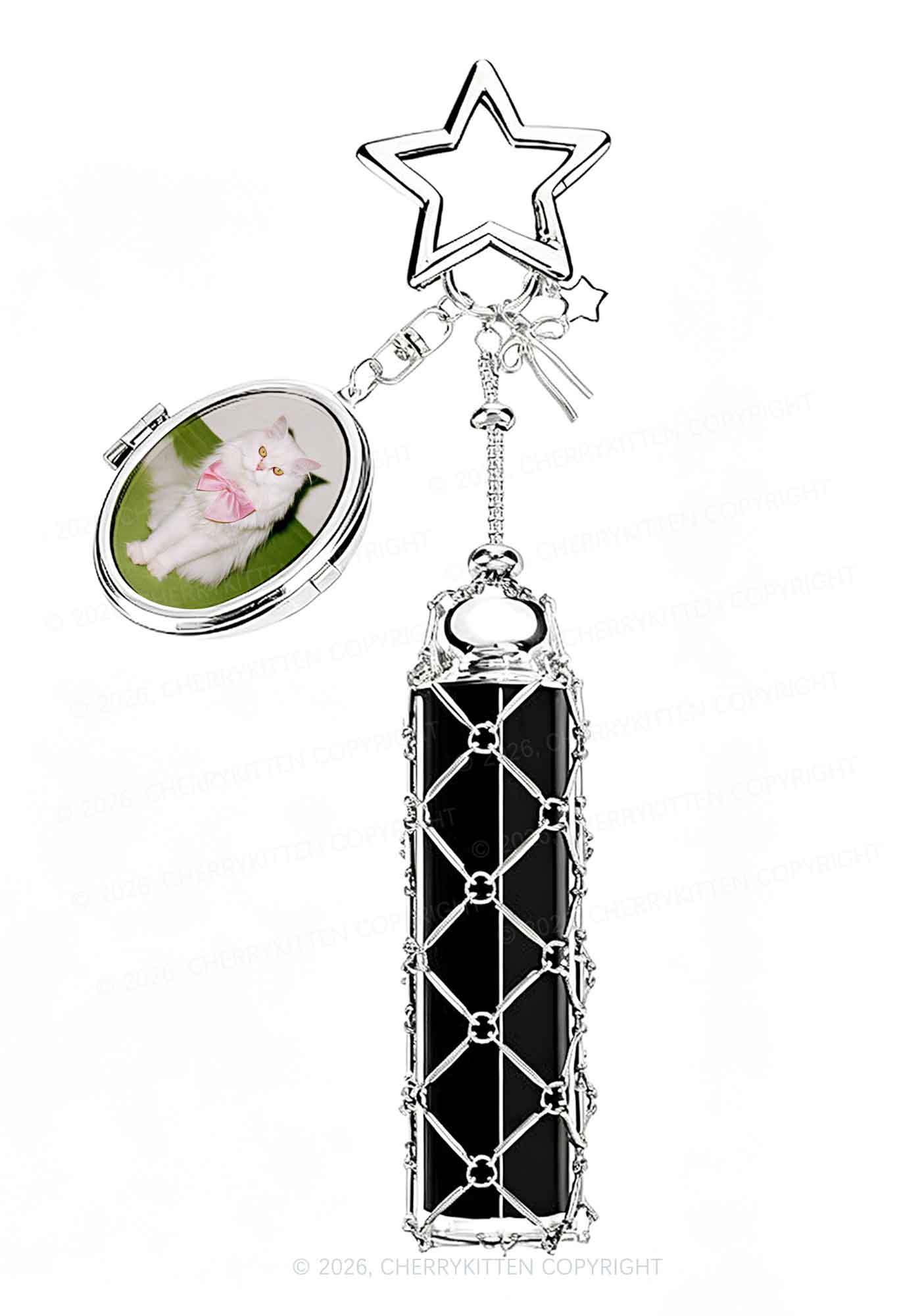 Pink Bow Cat 1pc Y2K Metal Mesh Lipstick Holder Keychain With Mirror Cherrykitten