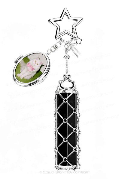 Pink Bow Cat 1pc Y2K Metal Mesh Lipstick Holder Keychain With Mirror Cherrykitten