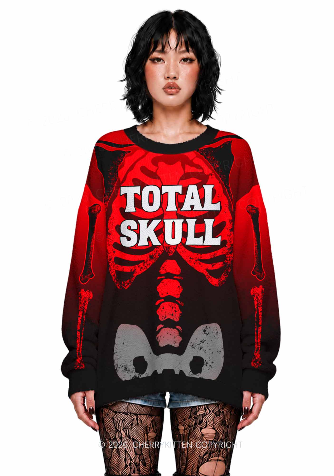 Halloween Total Skull Y2K Knit Sweatshirt Cherrykitten
