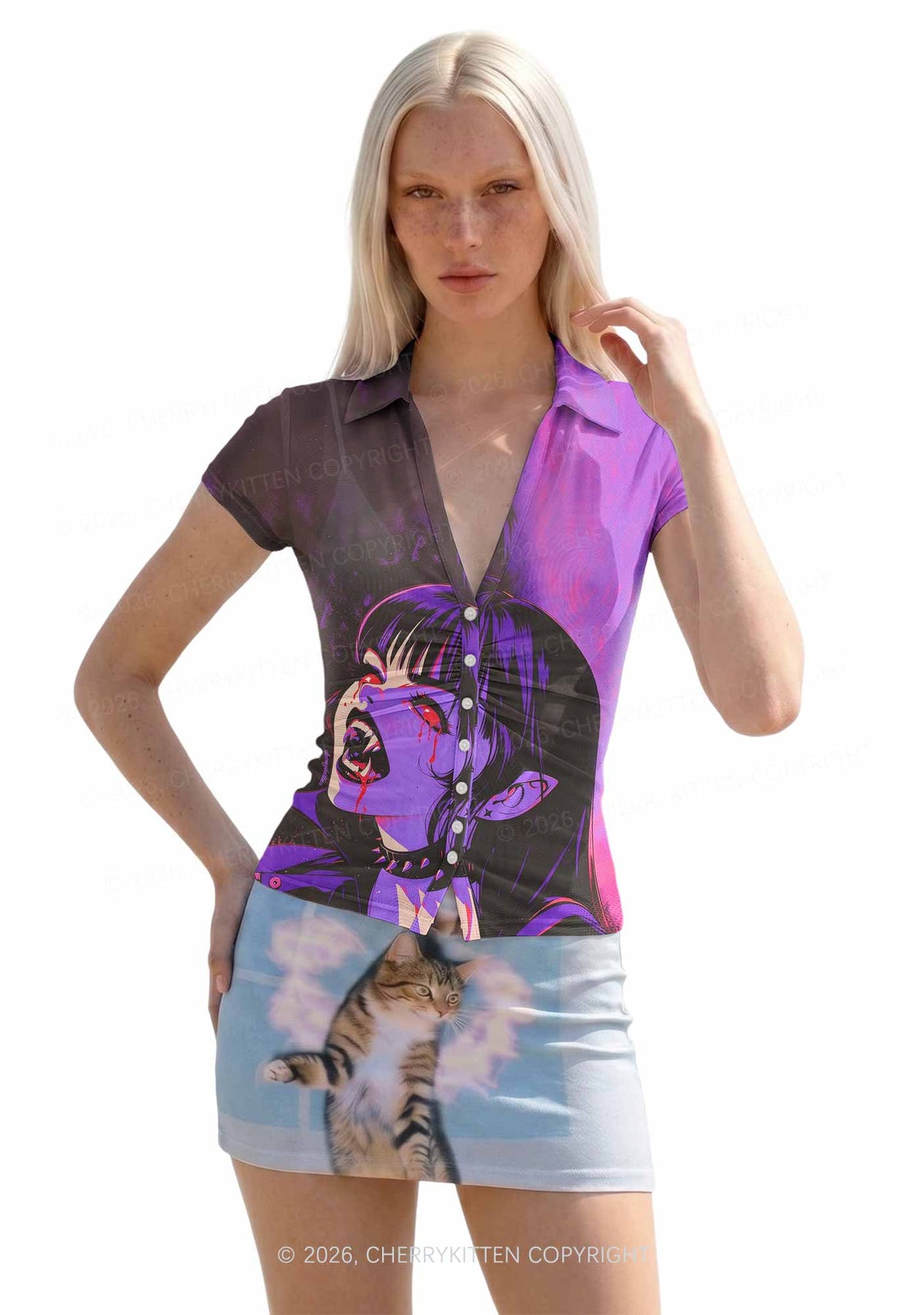 Halloween Vampire Scream Y2K Mesh Ruched Waist V Neck Top Cherrykitten