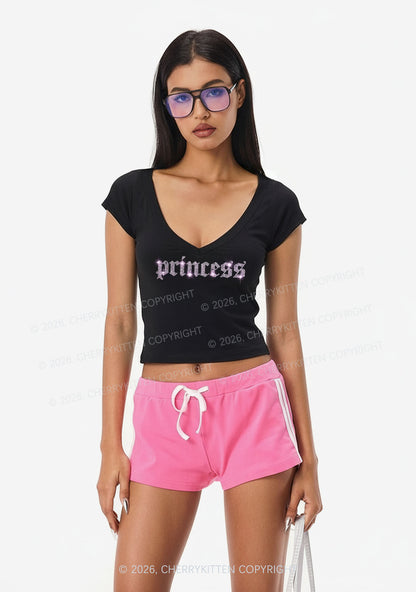 Rhinestone Princess Y2K V Neck T Shirts Cherrykitten