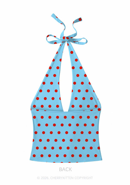 Red Dots On Blue Y2K Print Halter Deep V Neck Cami Cherrykitten