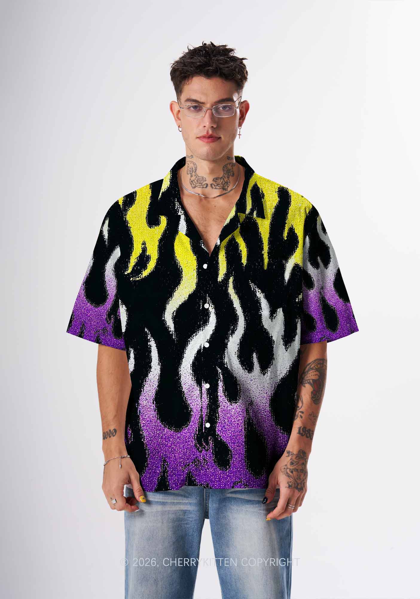 Nonbinary Flame Pride Y2K Print Hawaiian Shirt Cherrykitten