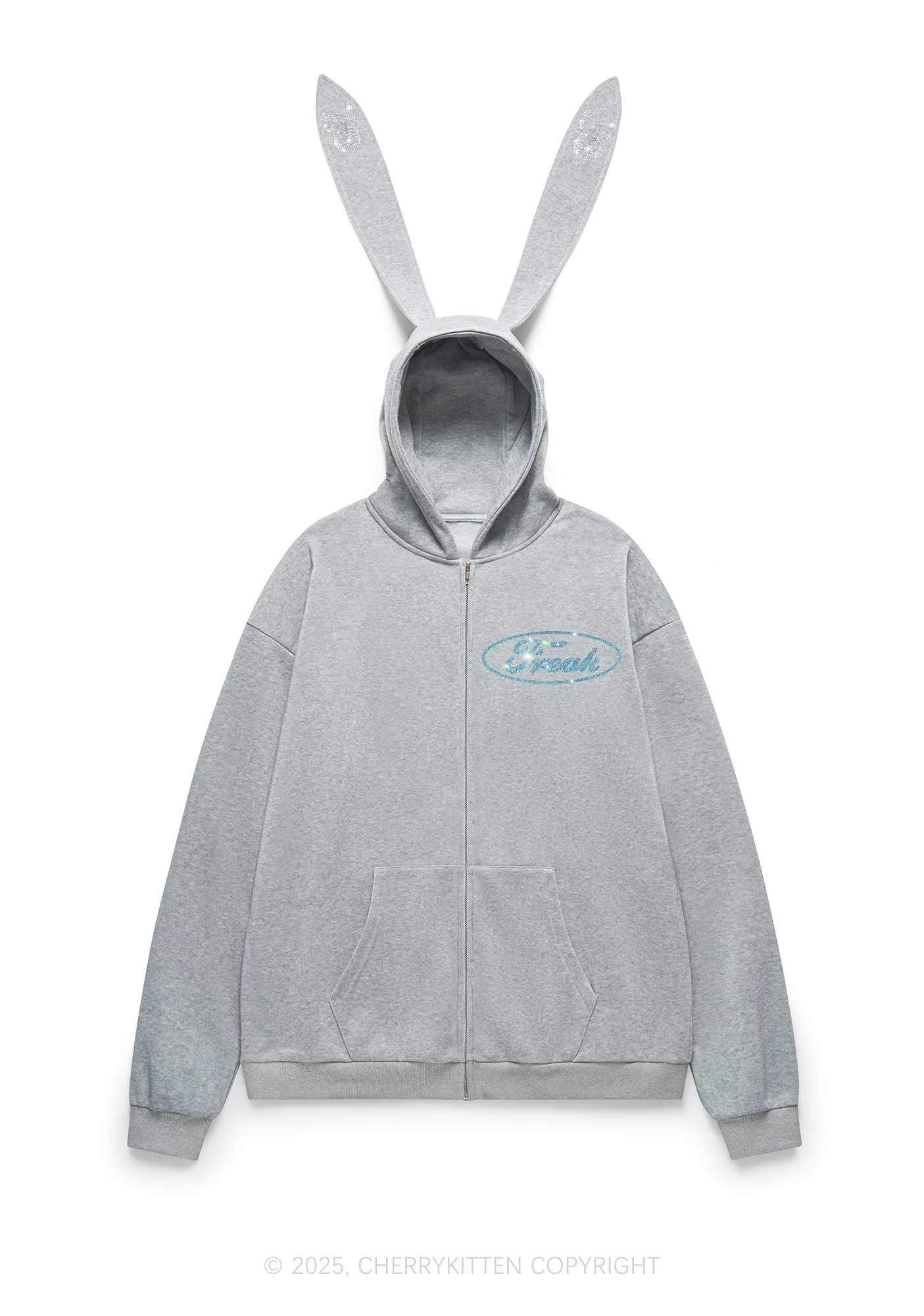 Rhinestone Freak Y2K Bunny Ear Zip Hoodie Cherrykitten
