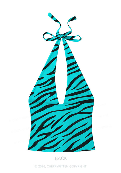 Bright Cyan Zebra Stripes Y2K Print Halter Deep V Neck Cami Cherrykitten