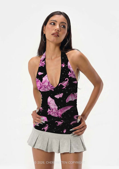 Halloween Pink Bat Y2K Print Halter Deep V Neck Cami Cherrykitten