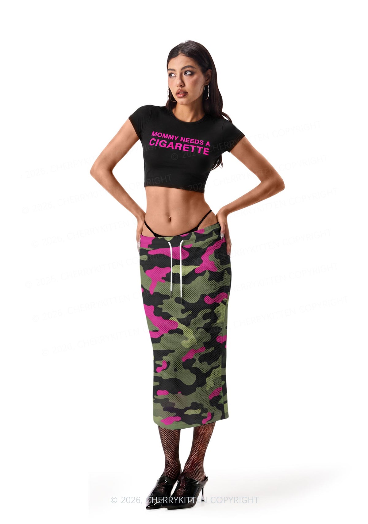 Green And Hot Pink Camo Y2K Sport Jersey Drawstring Midi Skirt Cherrykitten