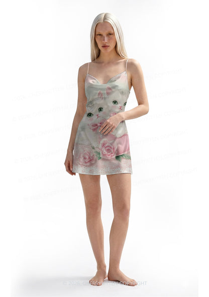 Rose Kitties Y2K Print Satin Cowl Neck Slip Dress Cherrykitten