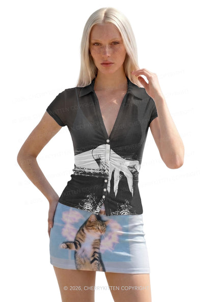 Halloween Black Vampire Claw Y2K Mesh Ruched Waist V Neck Top Cherrykitten