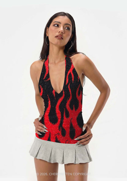 Red Flame Y2K Print Halter Deep V Neck Cami Cherrykitten