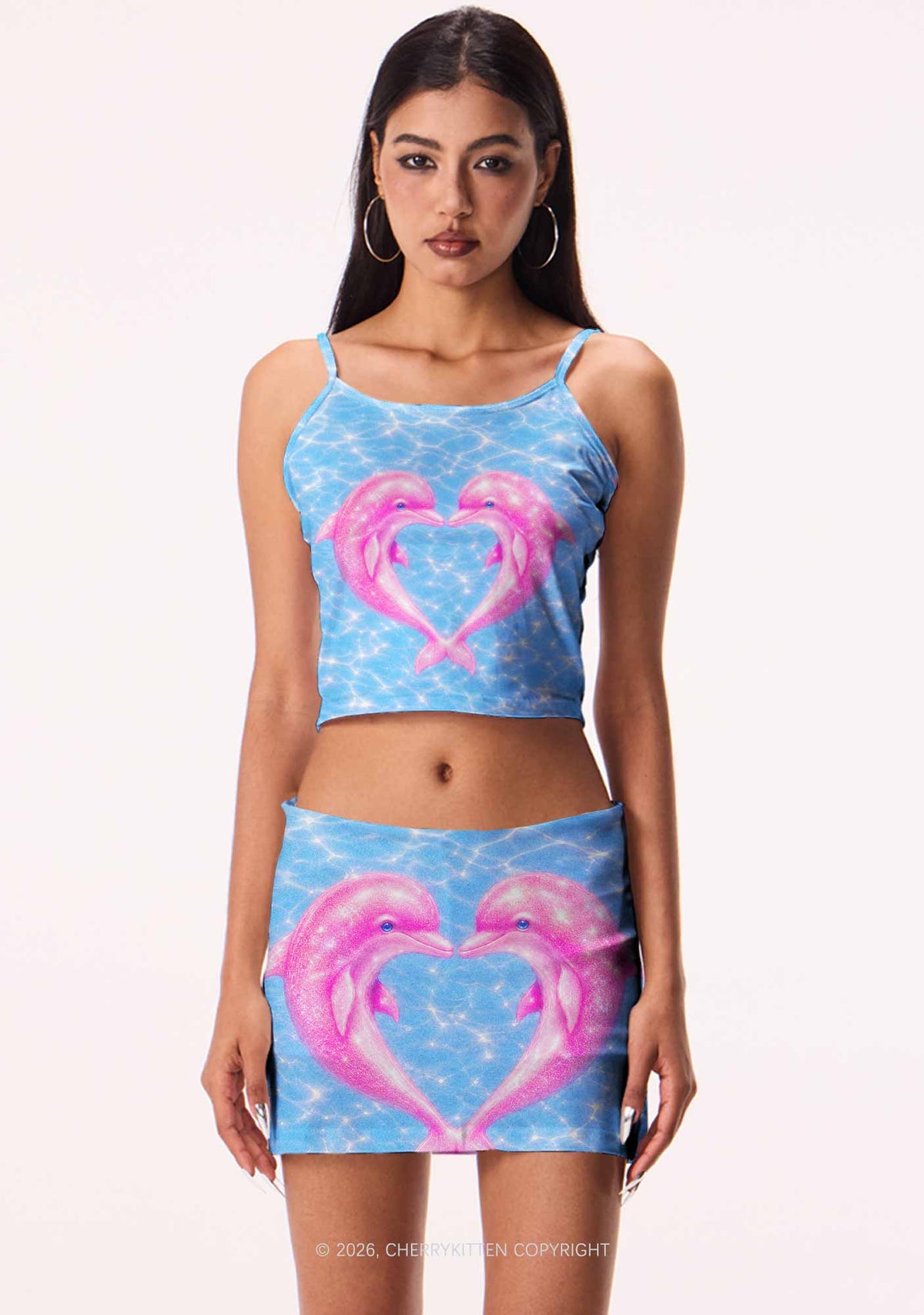 Pink Dolphin Couple Heart Y2K Print Mini Skirt Cherrykitten