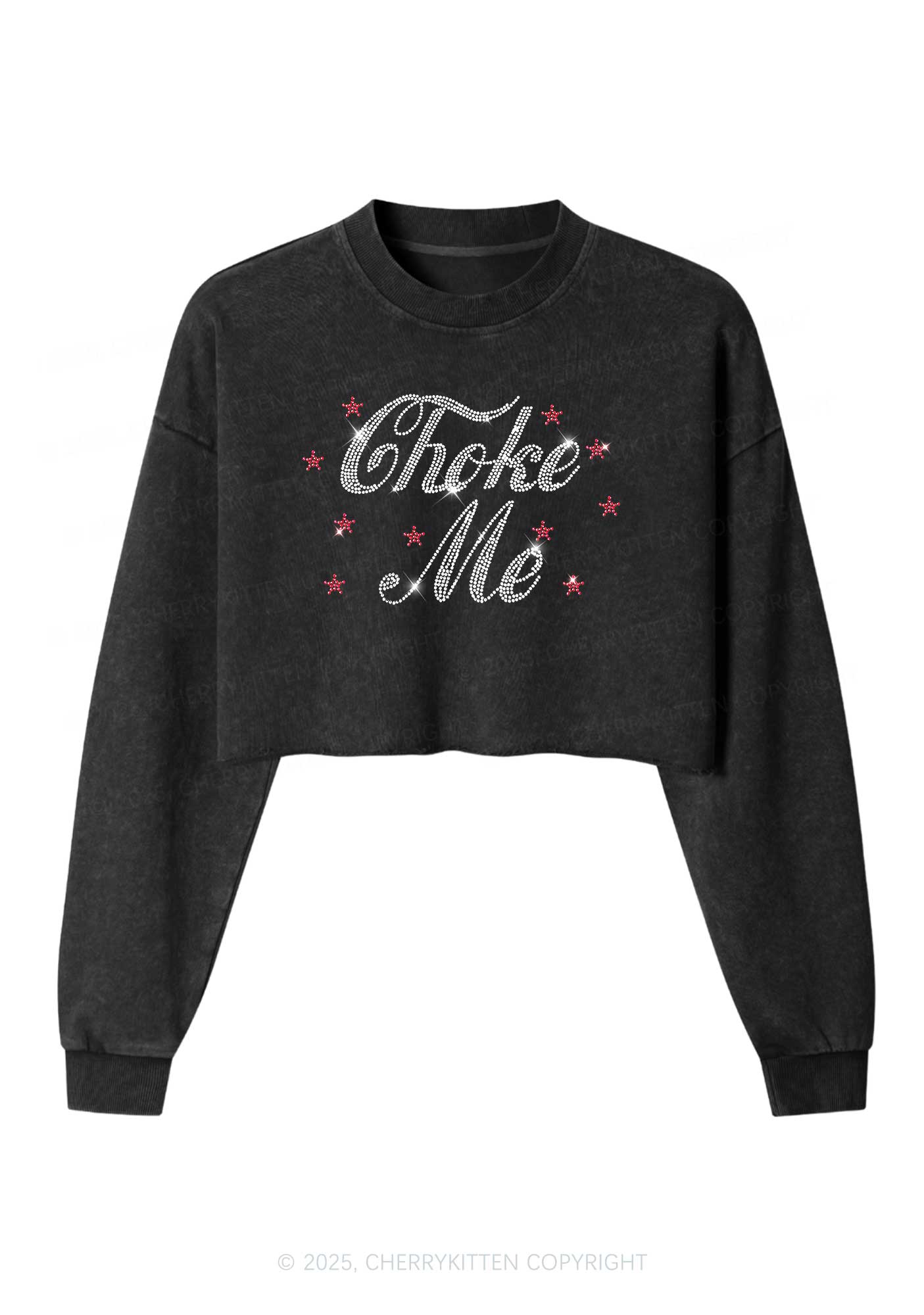 Rhinestone Choke Me Y2K Crop Washed Sweatshirts Cherrykitten