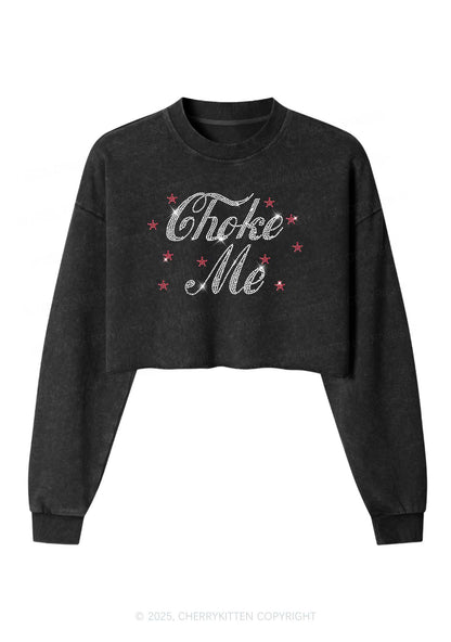 Rhinestone Choke Me Y2K Crop Washed Sweatshirts Cherrykitten