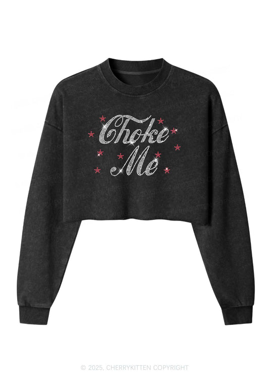 Rhinestone Choke Me Y2K Crop Washed Sweatshirts Cherrykitten