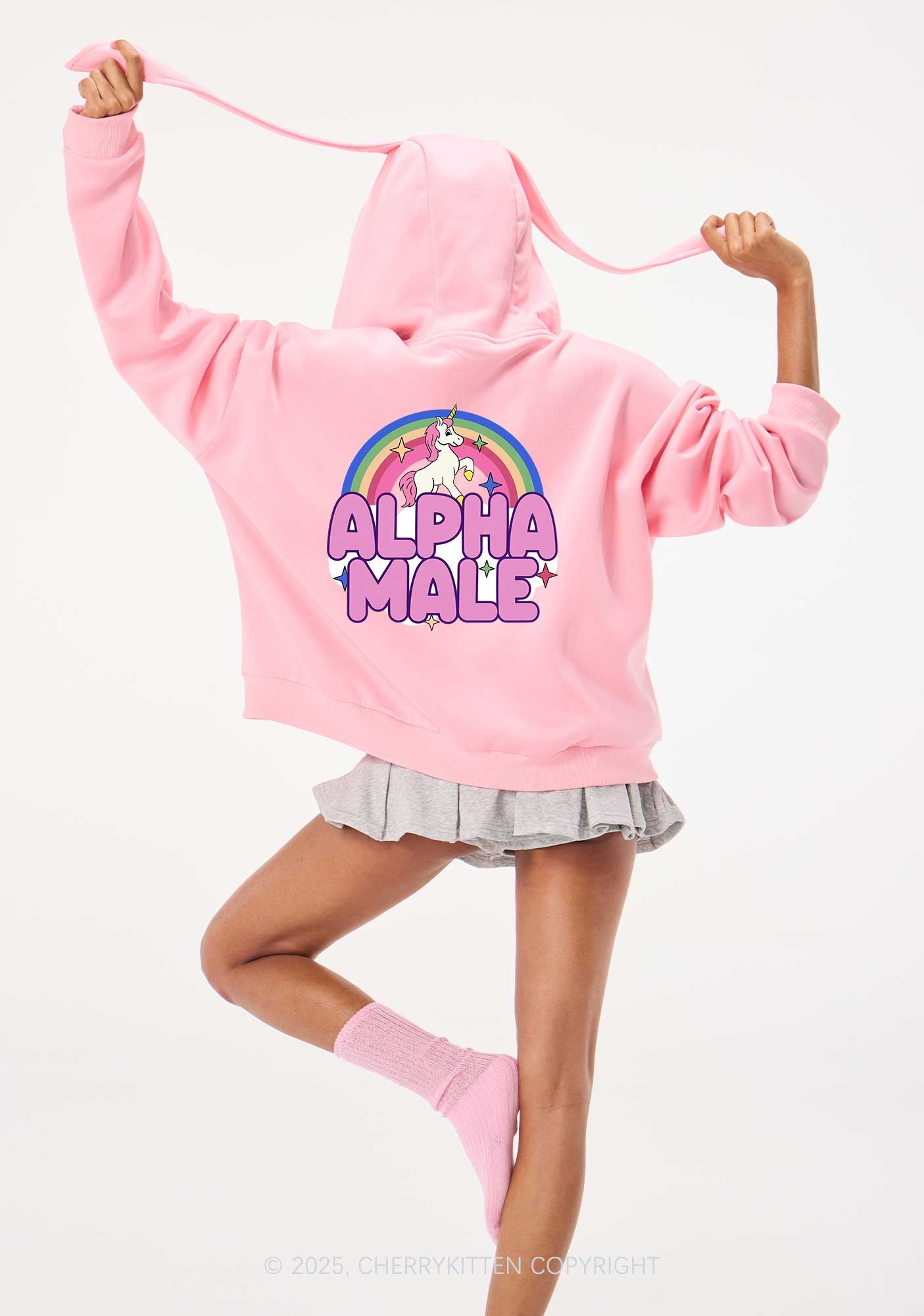 Rainbow Unicorn Alpha Male Y2K Bunny Ear Zip Hoodie Cherrykitten