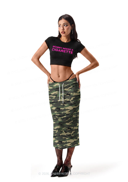 Classic Green Camo Y2K Sport Jersey Drawstring Midi Skirt Cherrykitten