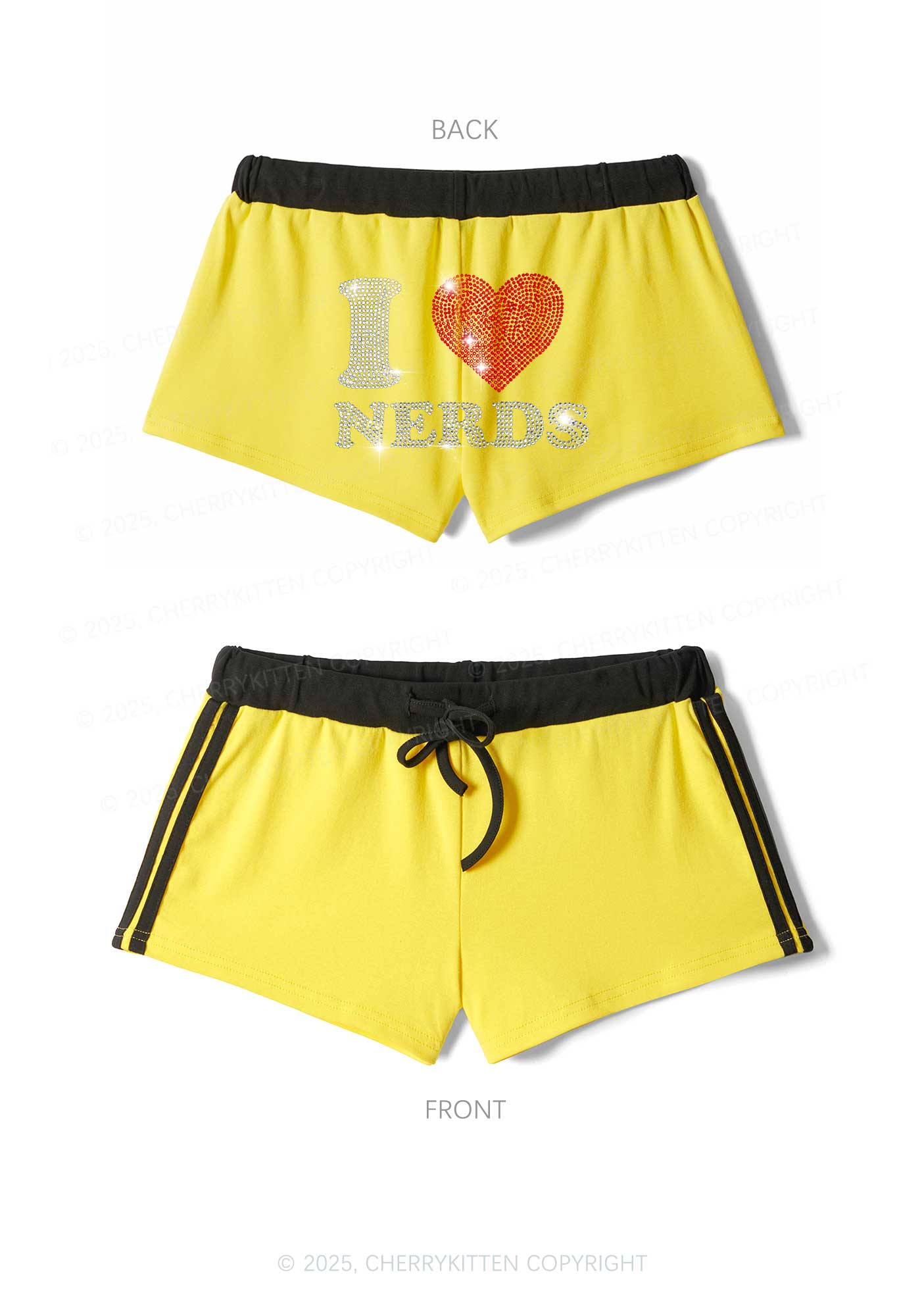 Rhinestone I Love Nerds Y2K Drawstring Mini Shorts Cherrykitten