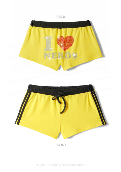 Rhinestone I Love Nerds Y2K Drawstring Mini Shorts Cherrykitten