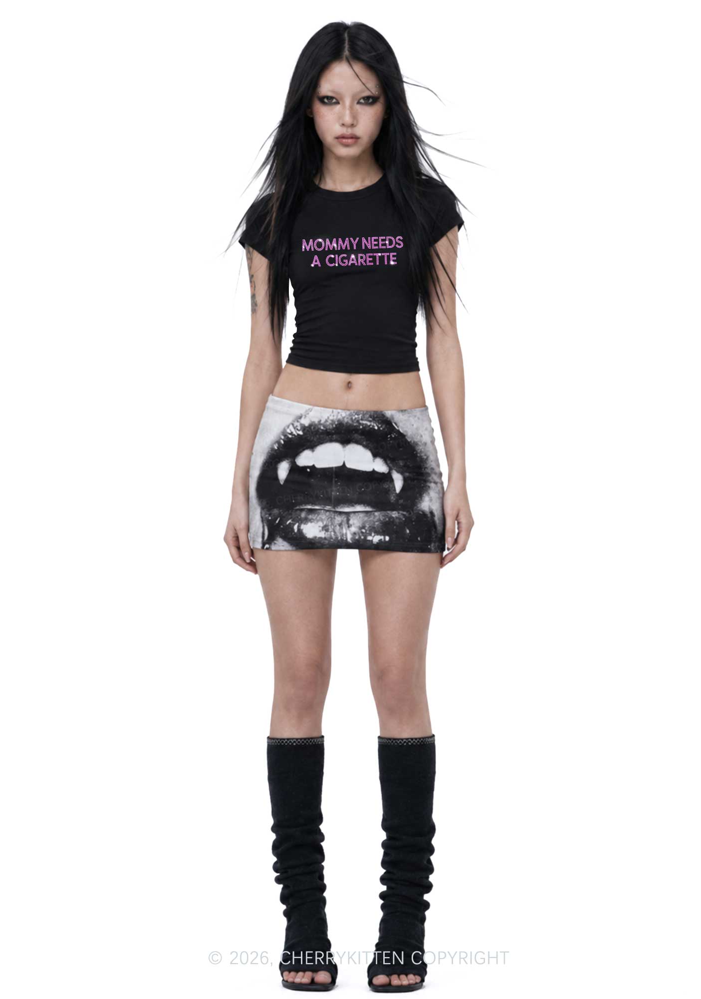 Rhinestone Mommy Needs Cigarette Y2K Goth Angel Wings Baby Tee Cherrykitten