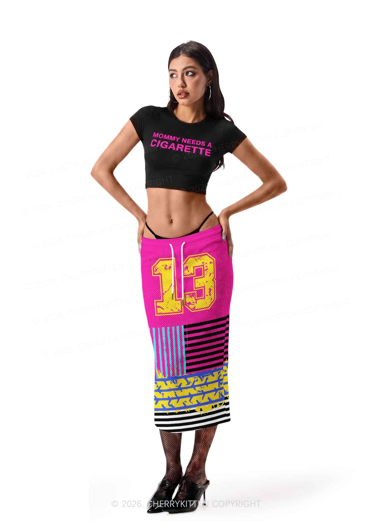 Stripes On Hot Pink Y2K Sport Jersey Drawstring Midi Skirt Cherrykitten