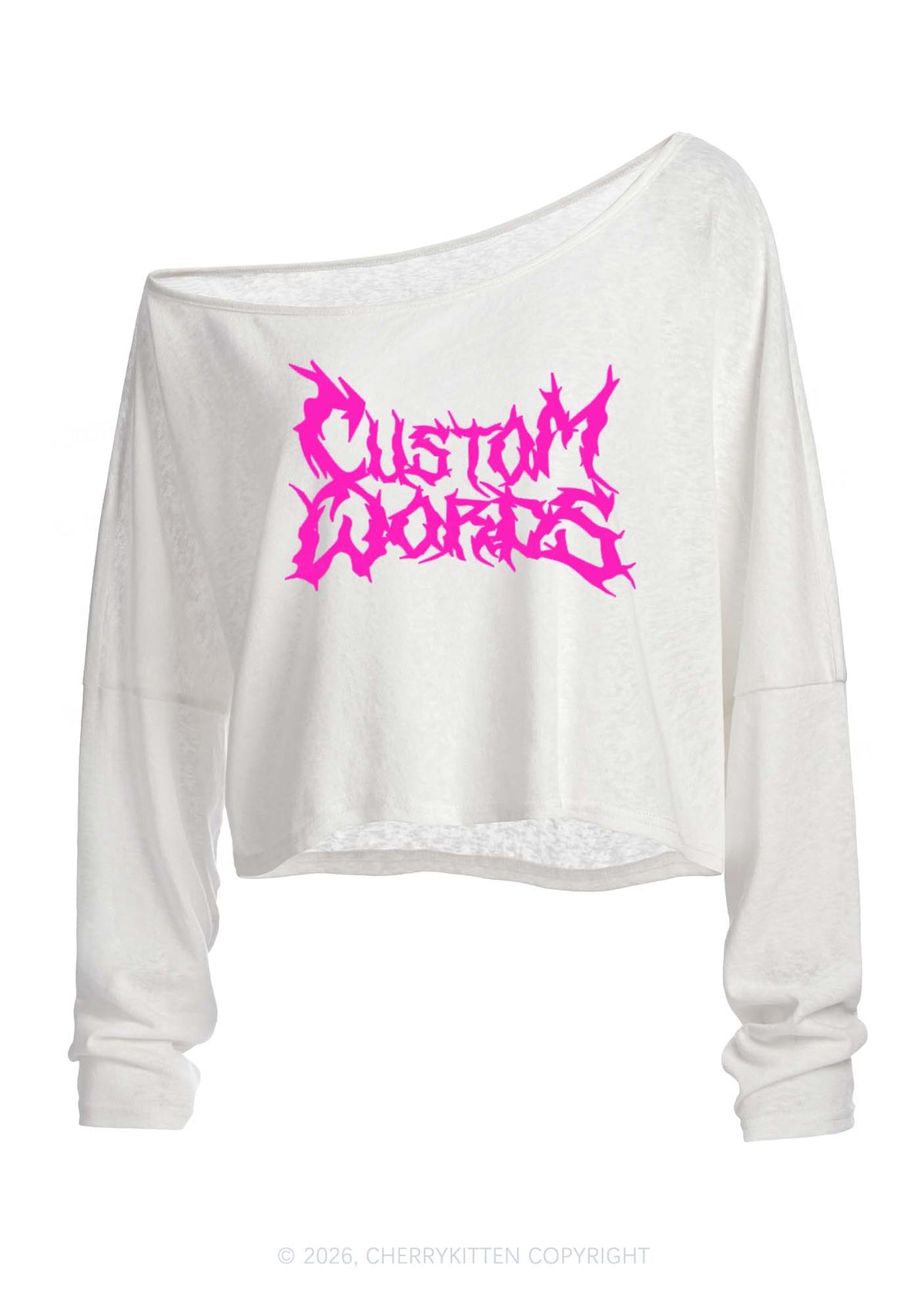 Custom Text Punk Font Y2K Off Shoulder Long Sleeve Crop Top Cherrykitten