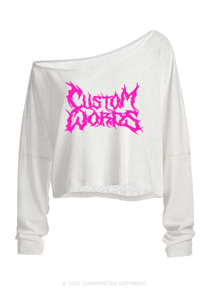 Custom Text Punk Font Y2K Off Shoulder Long Sleeve Crop Top Cherrykitten