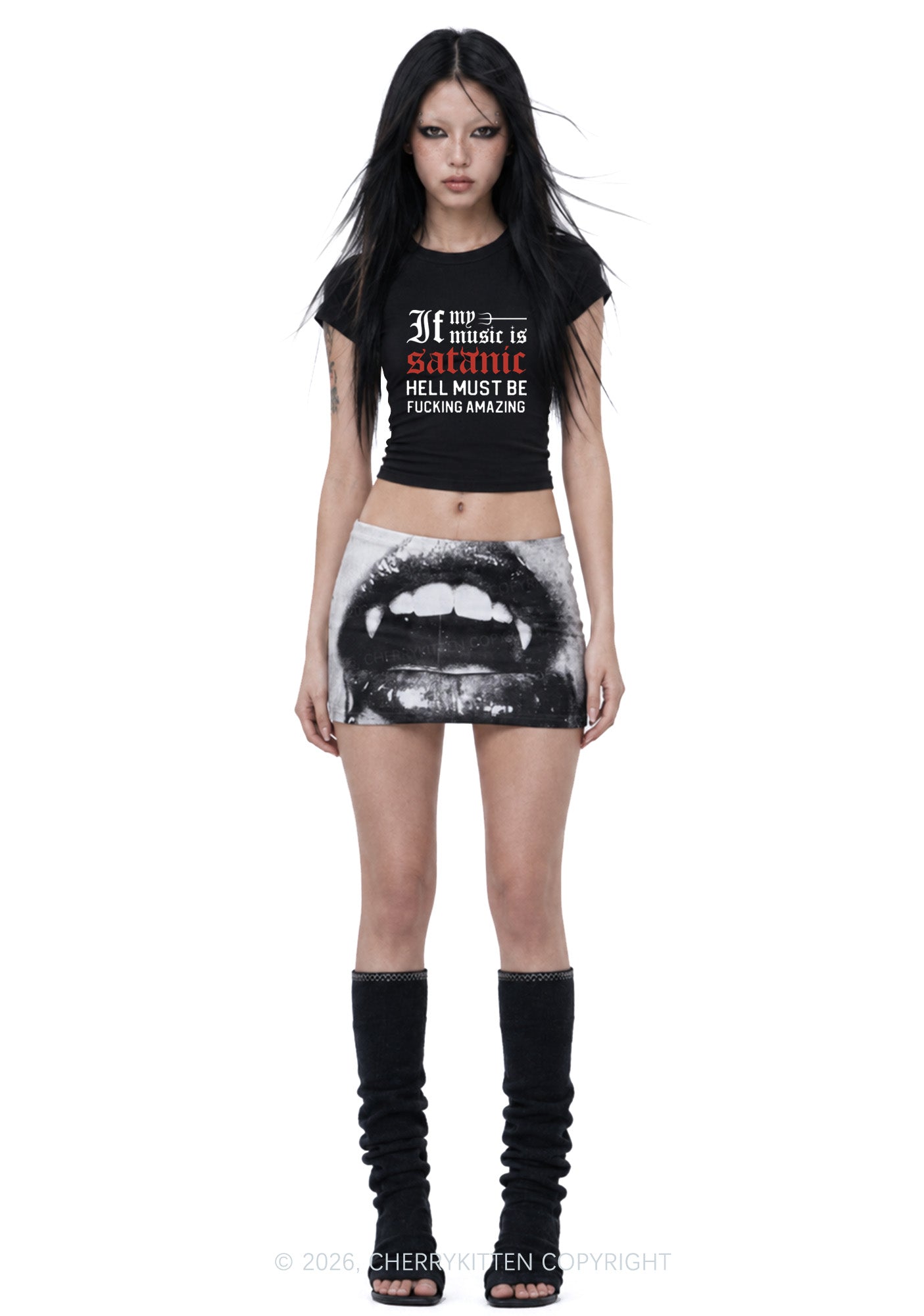 Halloween My Music Is Satanic Y2K Goth Angel Wings Baby Tee Cherrykitten