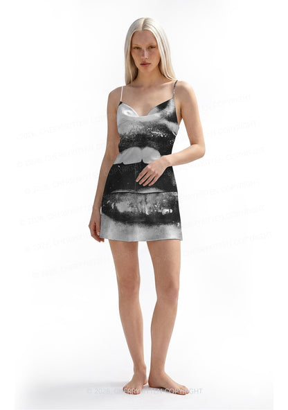 Halloween Vampire Lips Y2K Print Satin Cowl Neck Slip Dress Cherrykitten
