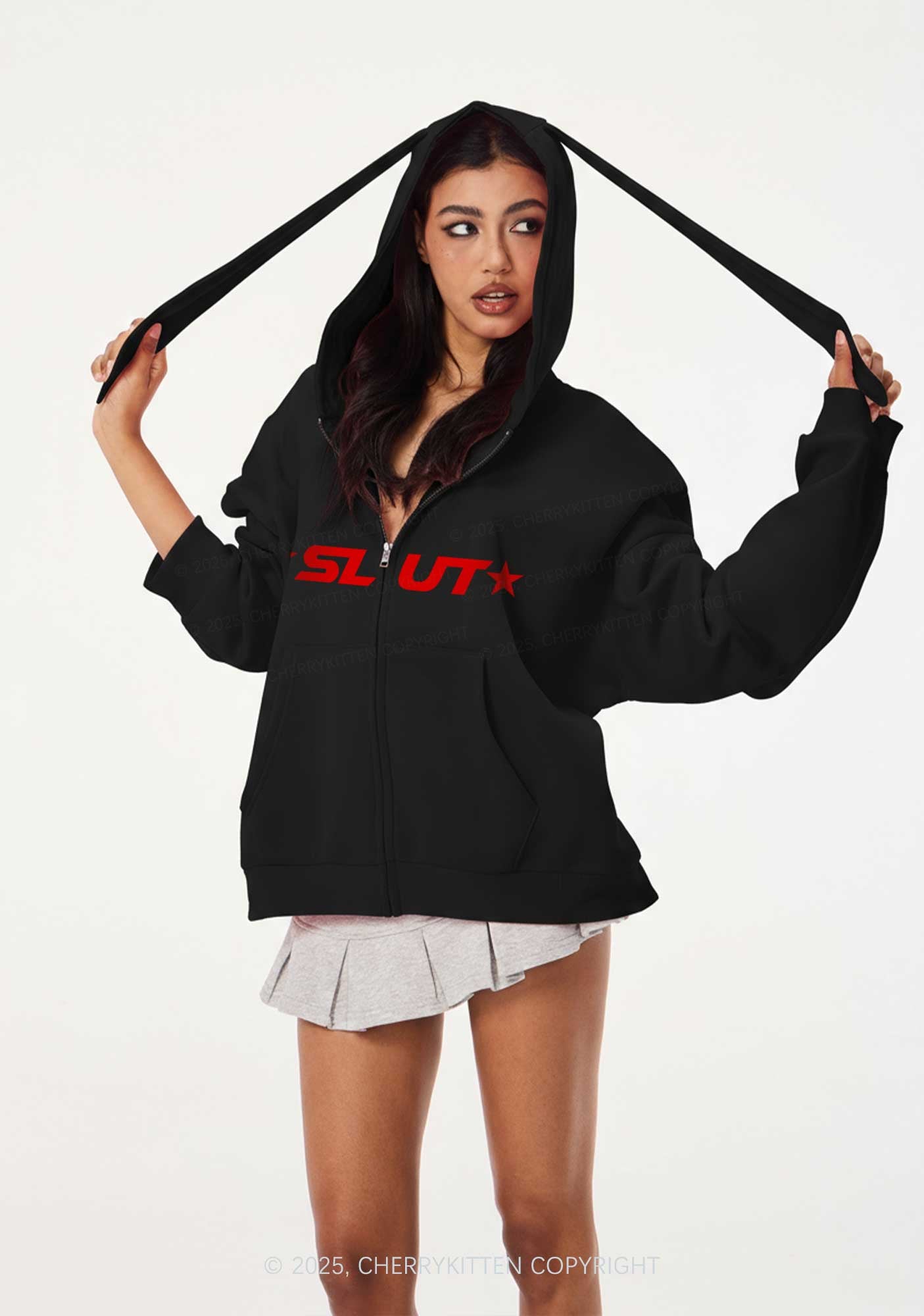 Red Slxt Star Y2K Bunny Ear Zip Hoodie Cherrykitten