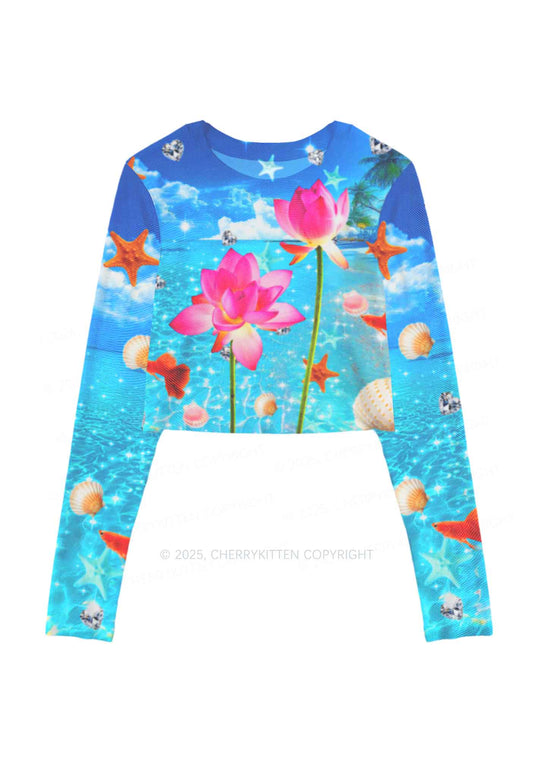 Seaside Lotus Y2K Mesh Long Sleeve Crop Top Cherrykitten