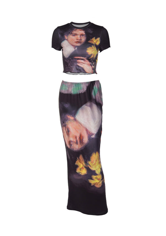 Digital Printing Round Neck Top Skirt Set