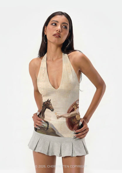 God Smoking Horse Y2K Print Halter Deep V Neck Cami Cherrykitten
