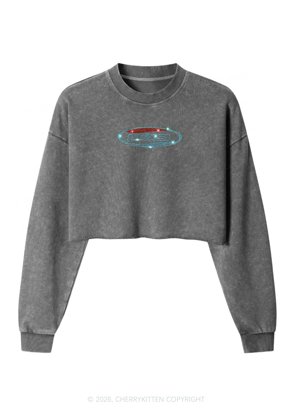 Rhinestone Sexsi Slogan Y2K Crop Washed Sweatshirts Cherrykitten
