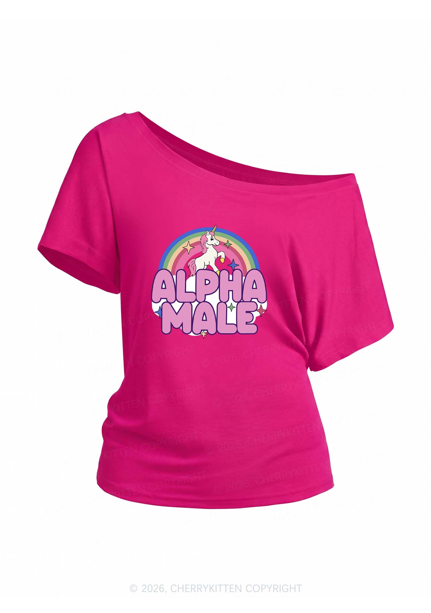 Rainbow Unicorn Alpha Male Y2K Off Shoulder Tee Cherrykitten