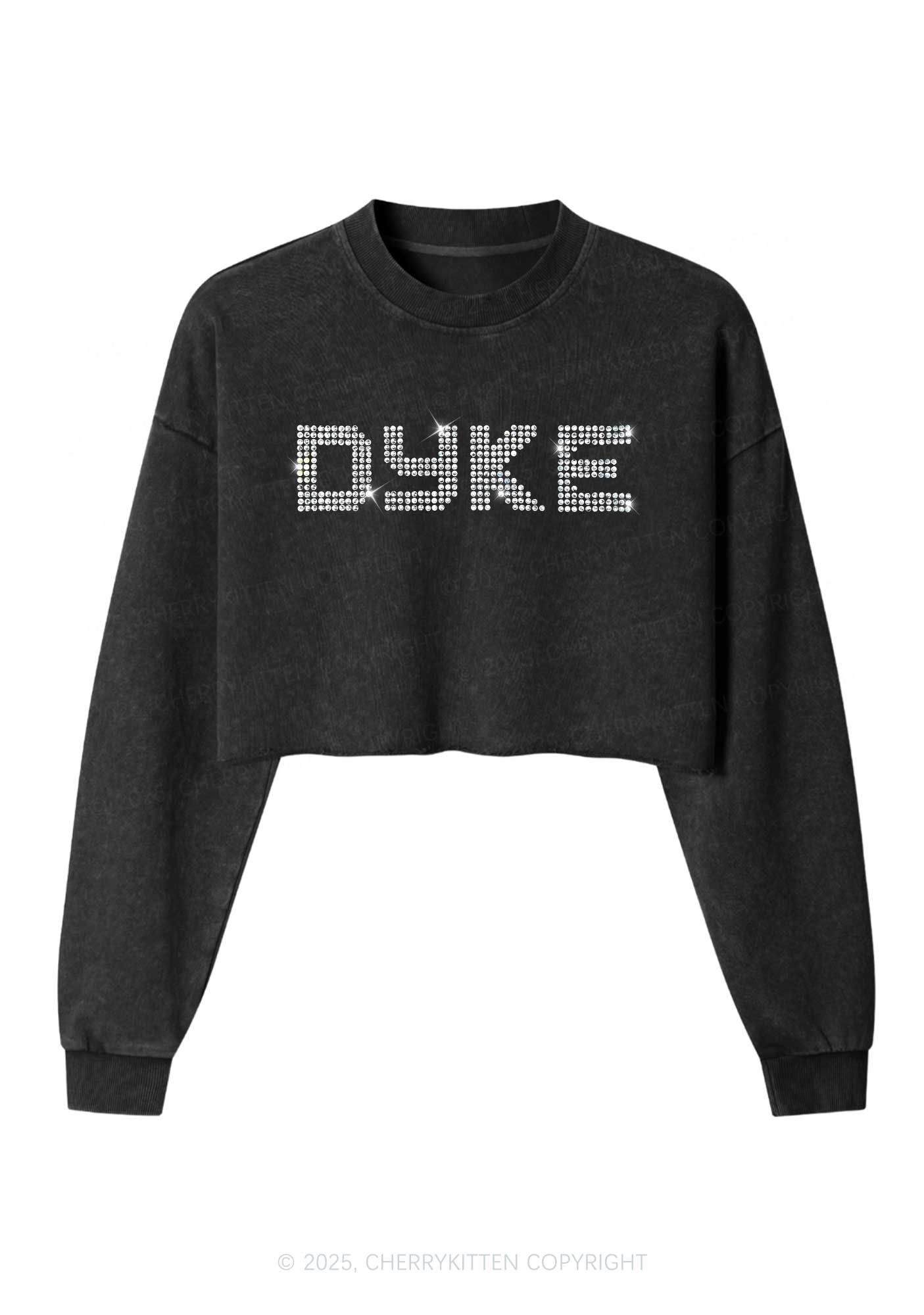 Rhinestone Dyke Pride Y2K Crop Washed Sweatshirts Cherrykitten