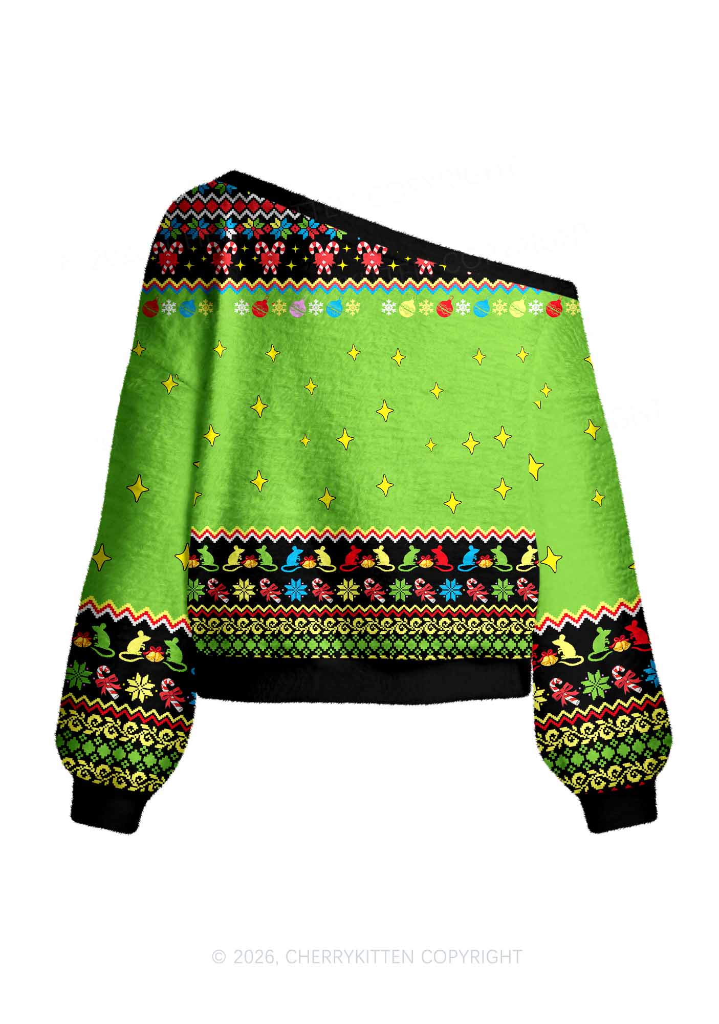 Overstimulated But Festive Y2K Off Shoulder Knit Sweatshirt Cherrykitten