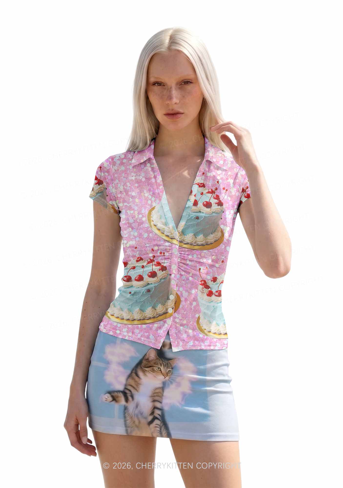 Cherry Cake Y2K Mesh Ruched  Waist  V Neck Top Cherrykitten