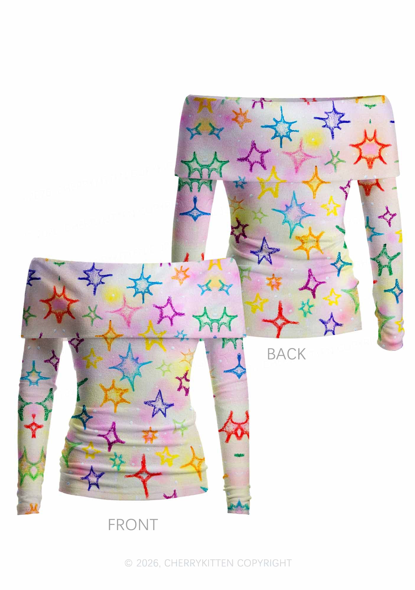 Rainbow Star Y2K Off Shoulder Fold Over Knit Top Cherrykitten
