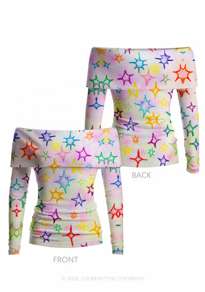 Rainbow Star Y2K Off Shoulder Fold Over Knit Top Cherrykitten