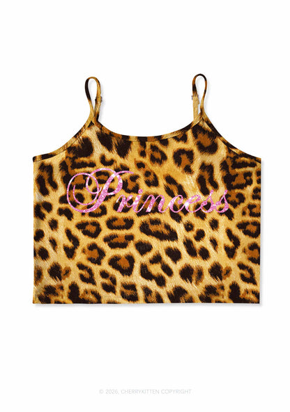 Glitter Princess Y2K Brown Leopard Print Cami Crop Top Cherrykitten
