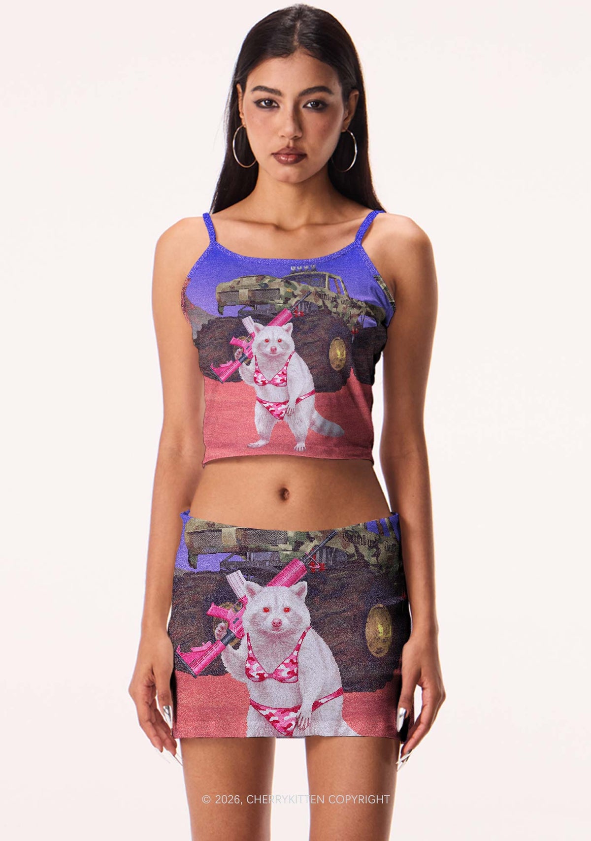 Red Camouflage Bikini Raccoon Y2K Print Mini Skirt Cherrykitten