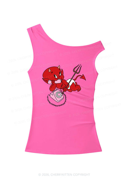 Little Devil On The Phone Y2K Off Shoulder Tank Top Cherrykitten