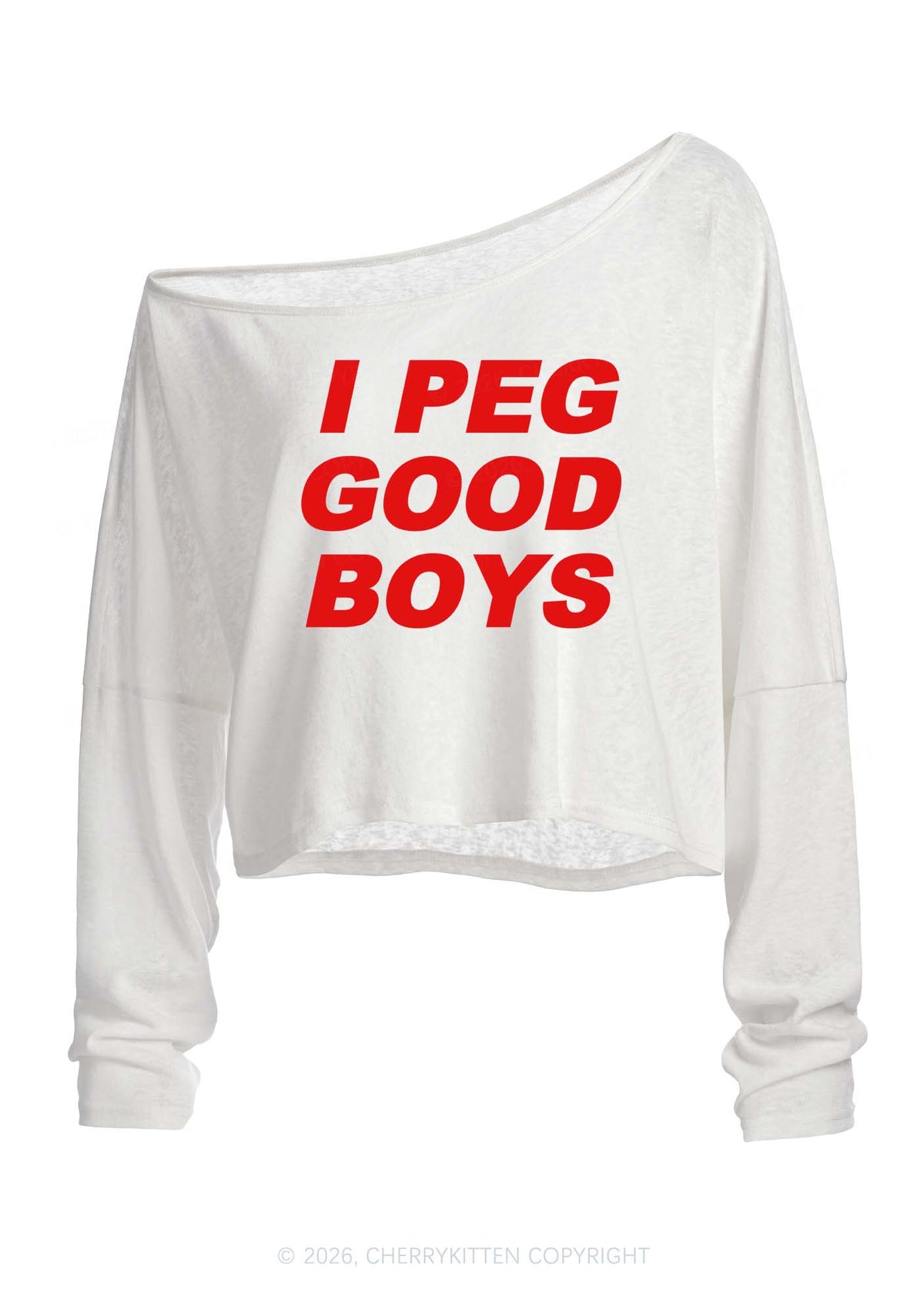 I Peg Good Boys Y2K Off Shoulder Long Sleeve Crop Top Cherrykitten