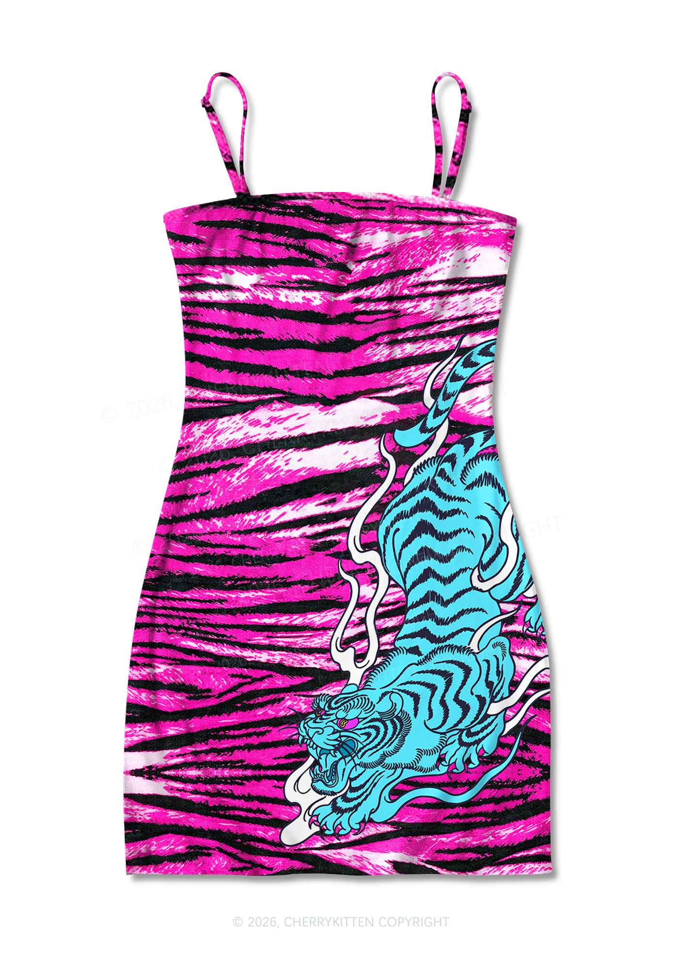 Blue Tiger Pink Zebra Stripe Y2K Print Slip Dress Cherrykitten
