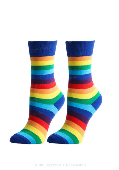 Rainbow Striped Pride Y2K Mid Calf Socks Cherrykitten