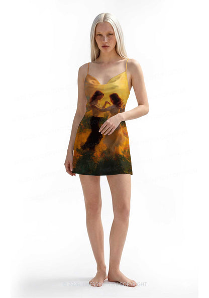 Lesbian Couple Dancing Pride Y2K Print Satin Cowl Neck Slip Dress Cherrykitten