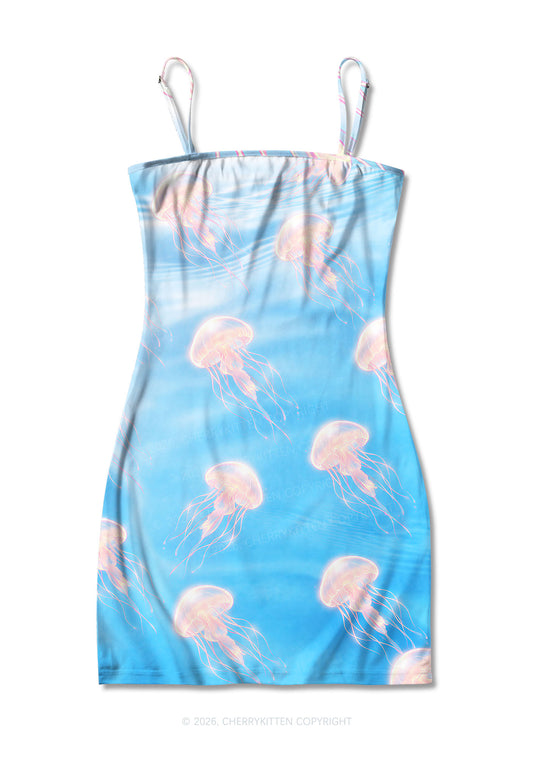 Pink Jellyfish Underwater Y2K Print Slip Dress Cherrykitten
